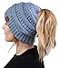 Funky Junque Messy Bun Womens Winter Knit Hat Beanie Tail - Denim (Confetti)