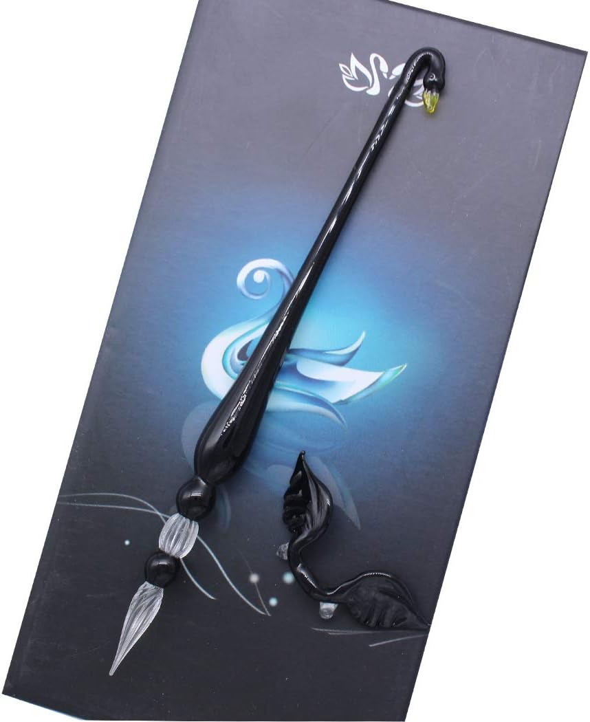 SIPLIV Handmade Crystal Glass Swan Dip Pen Fountain Pen Kit Vintage Calligraphy Signatures Pen with A Wing Pen Holder, Black - Image 4
