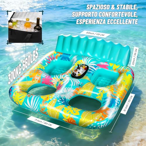 FORMIZON Inflatable Sea Mattress, 2 Seater Pool Mat, Tanning Pool Large Inflatable Tan with Ice Bar Thermal Bag Drink Holder and Cushion for Water Party