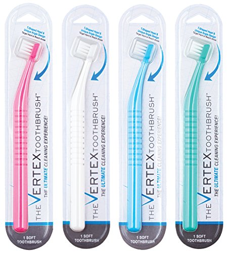 Vertex Toothbrushes, Unique Dental Tool-Inspired Design, Blue/Green/White/Pink, 4 Count