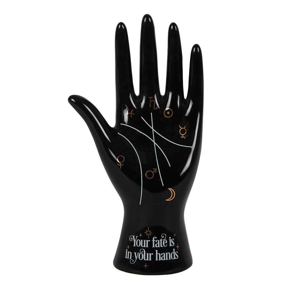 Modern Black Ceramic Palmistry Hand Ornament - 20cm x 10cm (1 Pc.) - Metallic Gold Astrology Symbols - Perfect for Holding Accessories