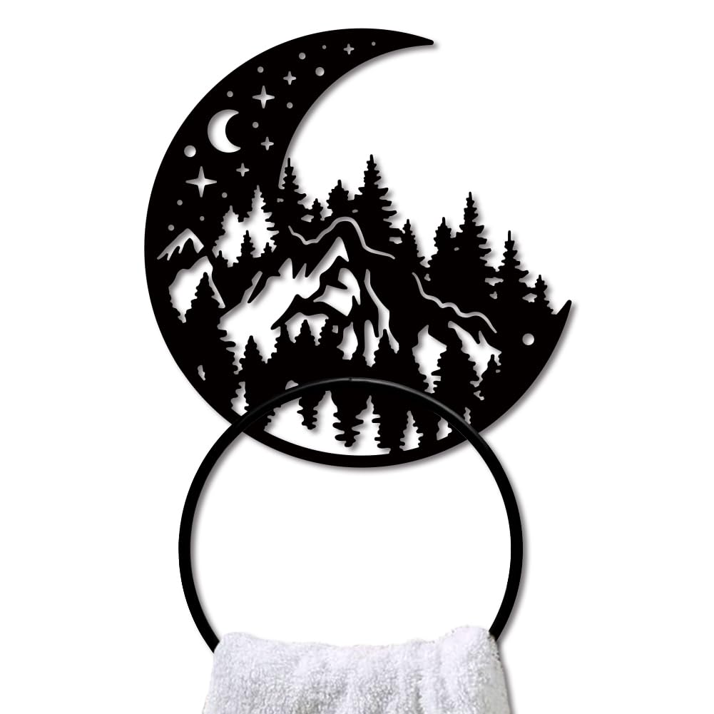 MAYJOYDIY Moon & Stars Metal Towel Ring, Nature Inspired Wall Mounted Holder, Mountain Forest Design, Black Art Towel Rack for Bathroom Kitchen