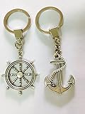 Nautical Anchor & Nautical Boat Ship Steering Wheel Couple Keychains Key Rings 2pcs Colour Vintage Silver