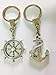 Nautical Anchor & Nautical Boat Ship Steering Wheel Couple Keychains Key Rings 2pcs Colour Vintage Silver