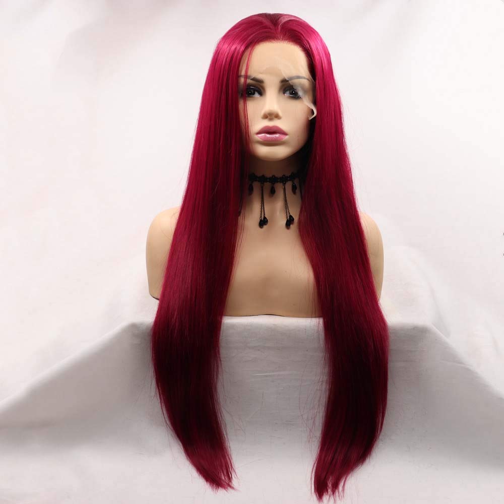 Xiweiya Lace Front Wigs Red Straight Synthetic Wig for Women Burgundy Red Wine Straight Lace Wig Heat Resistant Fiber High Density Middle Parting Soft Wigs with Natural Hairline 24 Inch โ image 1