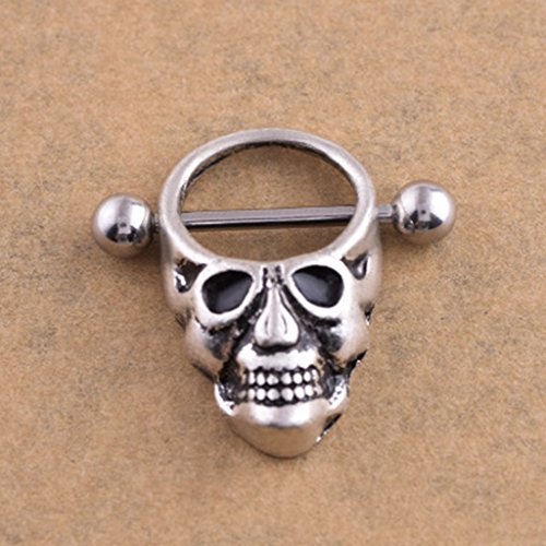 SunniMix 2 Pairs Punk Gothic Skeleton Shield Nipple Ring Stainless Seel Teeth Head Halloween 14g 18g