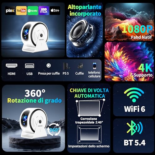 Mini Projector [Integrated Apps & 2026 Upgraded] Support 4K 1080P, Portable Projector Auto Focus/Keystone with WiFi 6 and Bluetooth 5.4 Correction 360°Rotation, Mini Projector Home Theater- White