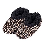 Snoozies Women's Leopard Print Fleece Lined Slipper Socks, Brown