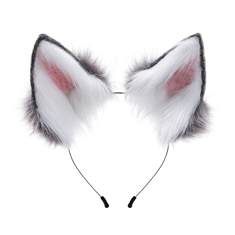 PPFINE Handmade Faux Fur Fox Wolf Ears Headband Halloween Christmas Cosplay Party Costume Accessories Gray