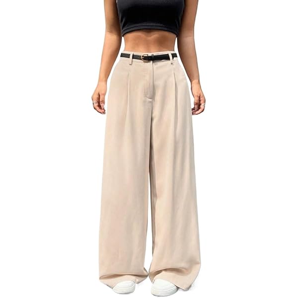 MakeMeChic Women's Pleated Wide Leg Pants Belted Zip Fly