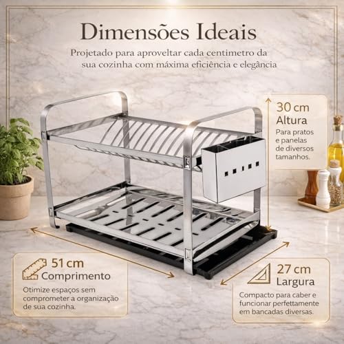 Escorredor de Pratos 2 Andares em Aço Inox com Suporte Removível para Talheres Capacidade para até 16 Pratos (Com Bandeja)