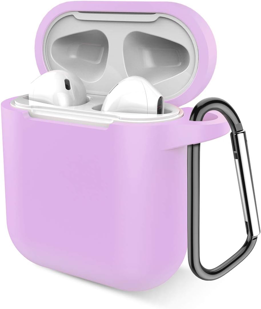 Airpods Case, Music tracker Protective Thicken Airpods Cover Soft Silicone Chargeable Headphone Case with Anti-Lost Carabiner for Apple Airpods 1&2 Charging Case (Light Purple)