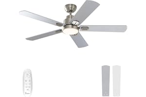warmiplanet 52 Inch Indoor Ceiling Fans with Lights and Remote Control, 6 Speeds Slient Reversible DC Motor, 3 Color Dimmable LED Light, Timer, Brushed Nickel, 5 Blades