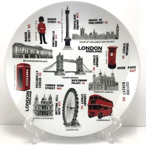 euroind LONDON SOUVENIRS DECORATIVE PORCELAIN PLATE + STAND 20 CM CERAMIC GIFT
