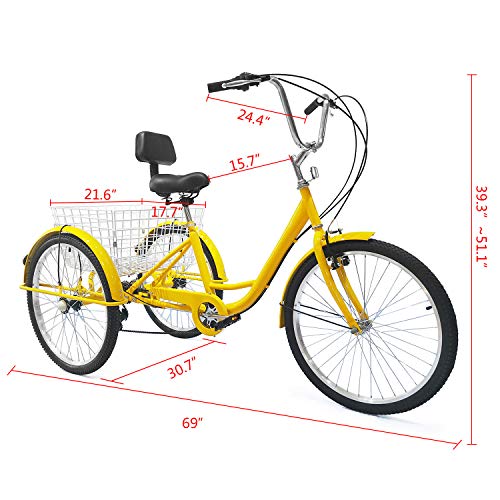SURPCOS Adult Tricycle Cruise Bike Full Size 3 Wheeled Trike Bicycle with Wire Shopping Basket (Yellow, 7-Speed, 24" Wheel)