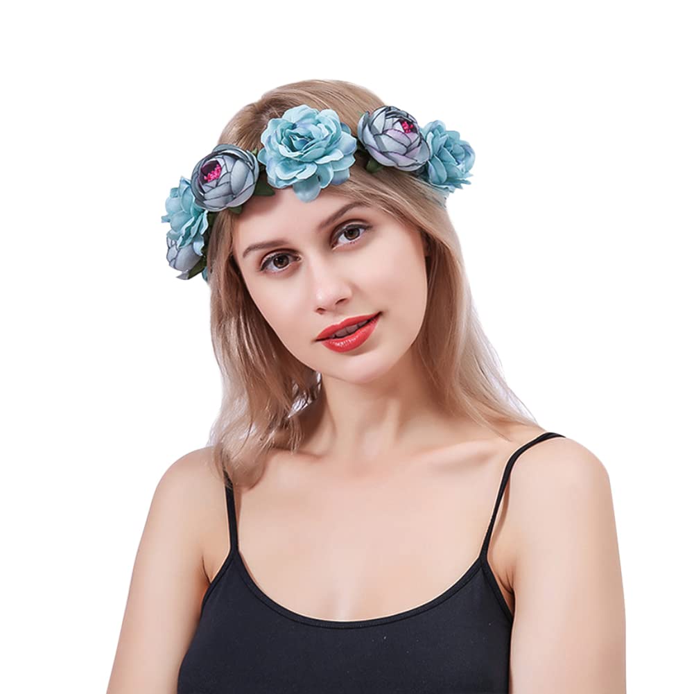 Flower Crown Headband Bohemian Bridal Flower Hair Wreath Garland Wedding Headpiece Boho Floral Head Band Crown Hair Accessories Blue for Women Girls Bride Festival Wedding Party Photography Props