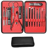 Manicure Set for Women Men Professional Pedicure Kit Nail Clippers Cutters 15 In 1 Stainless Steel Scissors Nail Care Kit ,Black Red