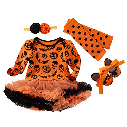 Beyonds Halloween Pumpkin Romper Dress Hairband Shoes Stocking Set, Cosplay Costumes for Toddler Kid Baby Boy Girl, Halloween Decor Party Decorations Costume Clothes