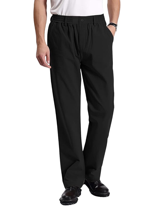 Buy IDEALSANXUN Men's Elastic Waist Zip Fly Twill Casual Pants (Black