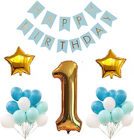 First Happy Birthday Banner Decorations Kit-Party Supplies Kit, Blue Card with Gold Letter Banner, Golden Number 1 Balloons ,Gold Star Balloons,3 Color Balloons For Baby Shower Birthday Party