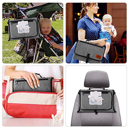 Portable Changing Pad - Baby Diaper Mat - Lightweight Travel Diaper Station Kit with Front Wipe Pocket & Built-in Pillow Large Waterproof Mat (Grey) - Thumbnail 3