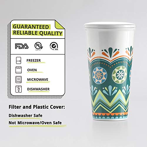 LIFVER 18 Ounces Ceramic Travel Mug, Drink Cup for Coffee, Tea, Milk with Infuser and 2 Lid, Green