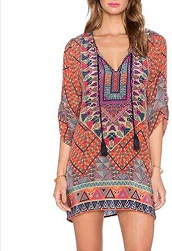 Women Bohemian Neck Tie Vintage Printed Ethnic Style Summer Shift Dress (L, Pattern25)