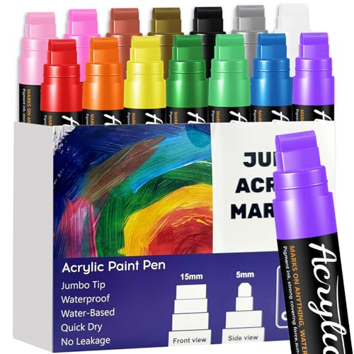14 Colors Jumbo Acrylic Markers, 15mm Wide Tip Acrylic Marker, 3 in 1 Acrylic Paint Markers for Stones Wood Canvas Glass Cups, Acrylic Felt Suitable for Most Surfaces