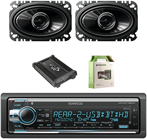 Kenwood Single Din CD/AM/FM Car Audio Receiver with Bluetooth with Pioneer 2-Way 4.6 Inch 200W Car Speakers 2-pairs, Lanzar Heritage Mosfet Amplifier &amp; Enrock Amplifier Wiring Installation Kit