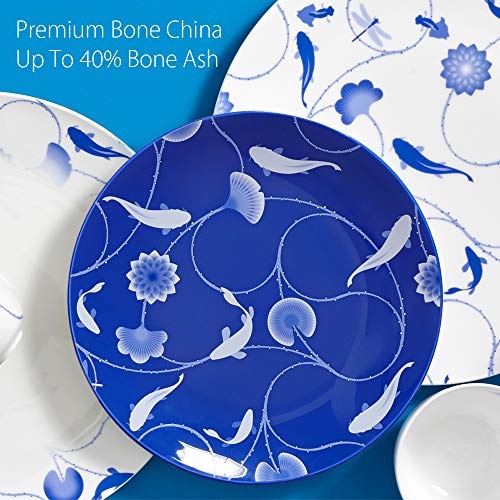 ZENS Dinnerware Set Blue and White,Bone China Modern 10 Inch Dinner