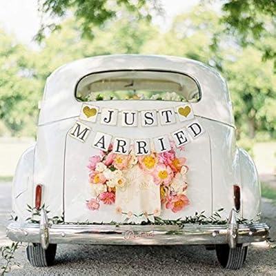 Just Married Banner Car Decorations Gold Glitter Just Married