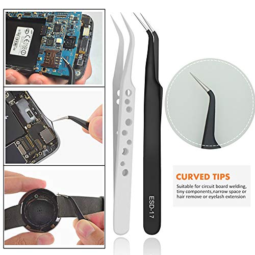 HANDSKIT Tweezers Tool Set 9 PCS Anti-Static Stainless Steel Curved Precision Tweezer for Soldering Iron Jewelry,Lab,Assembly,Eletronics Repairing - Thumbnail 5