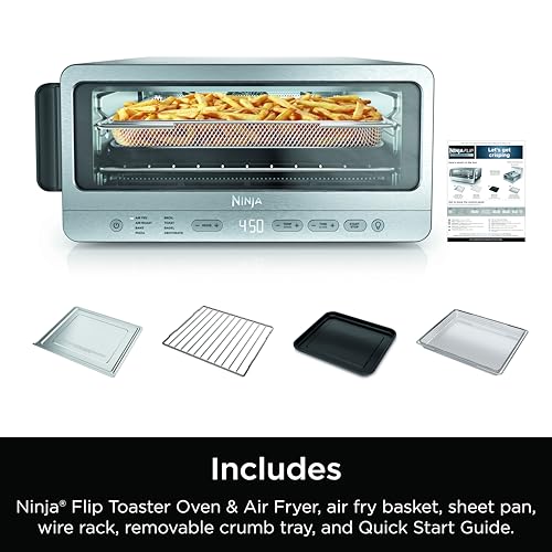 Horno tostador Ninja Flip y freidora de aire, funcionalidad 8 en 1, capacidad abatible hacia arriba y hacia afuera para espacio de almacenamiento, gran capacidad, cesta para freír al aire, bandeja para hojas, rejilla de alambre y bandeja para migas extraíble, inoxidable, 1800 vatios, SP151