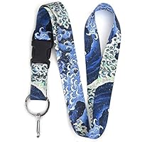 Buttonsmith Hokusai Waves Premium Lanyard - with Buckle and Flat Ring - Made in The USA