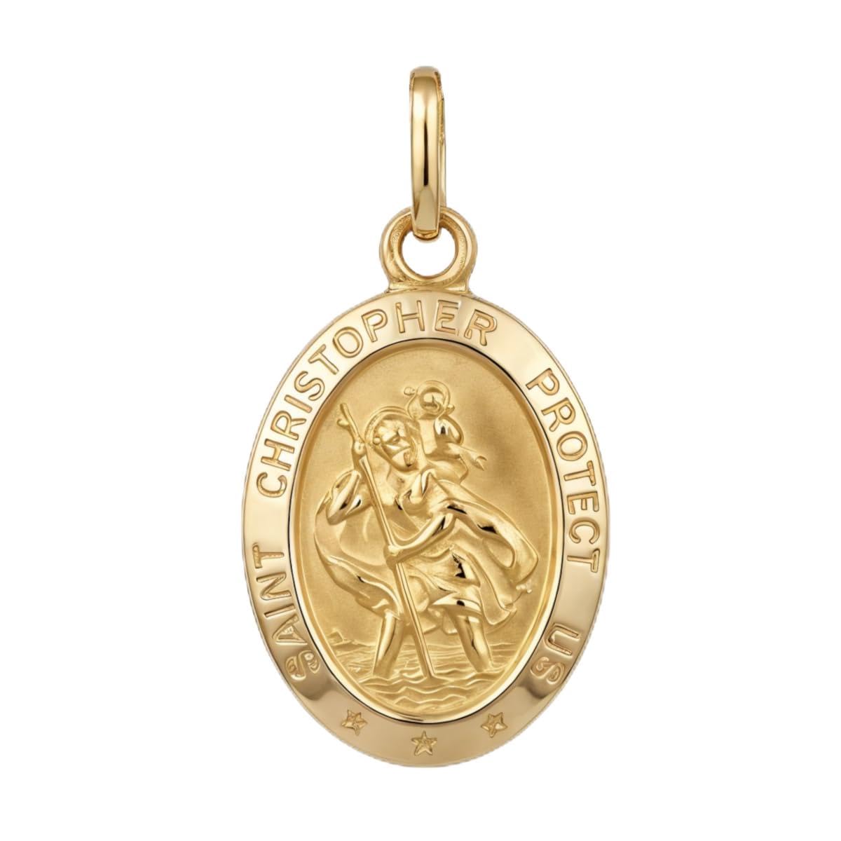 Alexander Castle Solid 9ct Gold St Christopher Pendant Medal for Women Men Boys Girls - with Jewellery Gift Box - 'SAINT CHRISTOPHER PROTECT US' Engraving