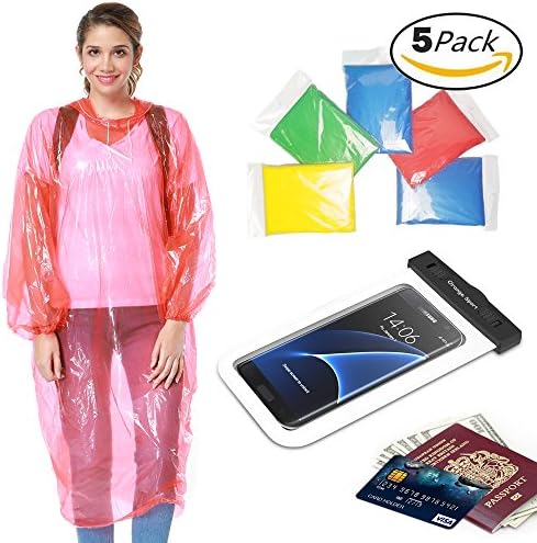 Rain Ponchos 5 Pack &amp; Cellphone Waterproof Case,Assorted Colors,25% Thicker,Hood and Full Sleeves,One size fits all,Waterproof case for iPhone 6S 6,Galaxy S7 Edge,S7,Up to 6 inches