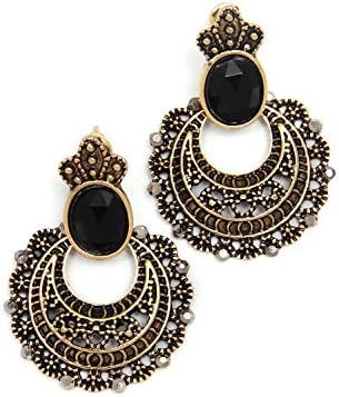 Fashion Vintage Rhinestone Crystal Pierced Drop Earrings. Stainless steel. Bronze/Silver. Arabic. (Bronze/Black Stone)