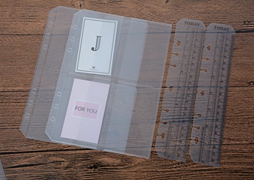 Funcoo 6-Ring Plastic Binder Pockets/Bill Pouch/Name Card Credit Card Holder Bag, Set of 6 Binder Planner Notebook Refills Pockets+ 2 Plastic Page Marker Measuring Ruler (A5)
