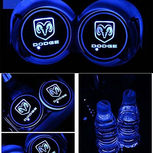 JIanna LED Car Logo Cup Holder Pad 7 Colors Changing USB Charging Mat LED Cup Mat Car Atmosphere Lamp Decoration Lights 2PCS (Dodge)