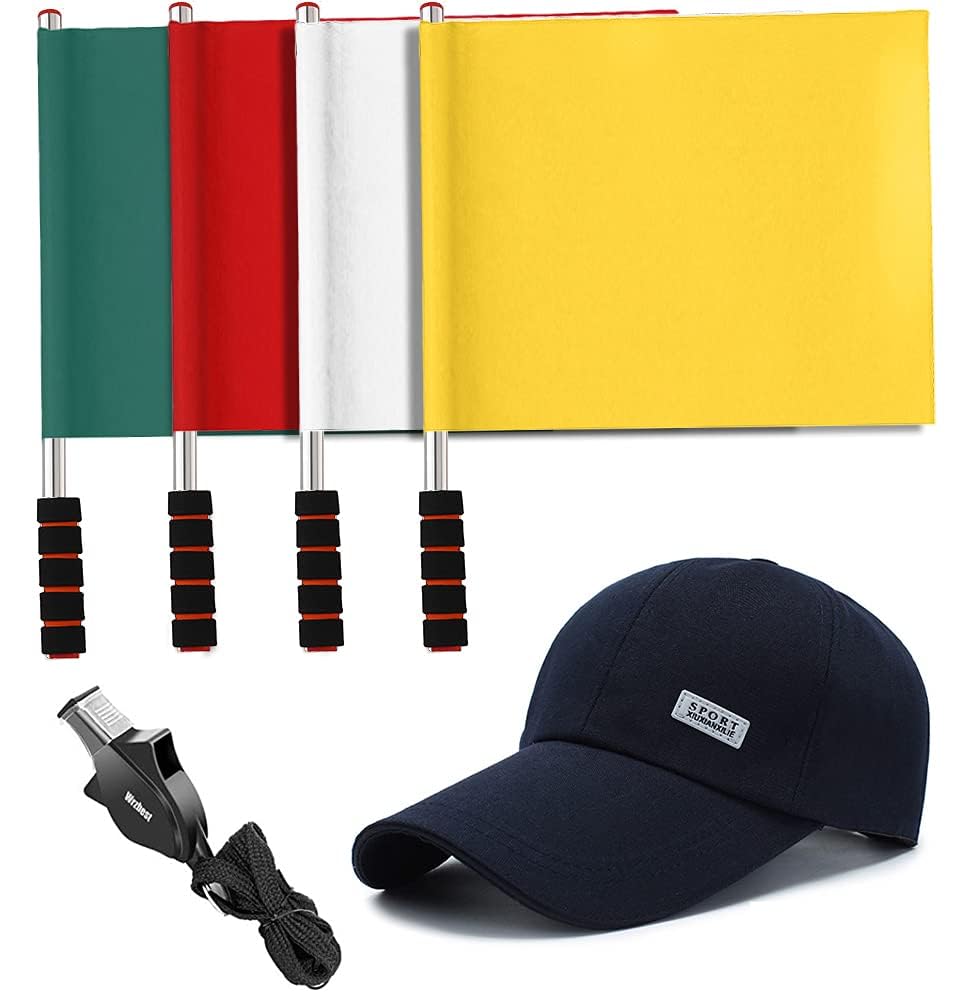 4 Pcs Referee Football Soccer Flag Stainless Steel Command Hand Flag Signal Flags Athletic Competition Flag Track and Field Sports Training Flag with Baseball Hat and Referee Whistle