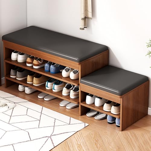 Beauenty Shoe Bench, 80/100/120cm Wooden Shoe Rack with Bench Pu Leather Cushion, Detachable Shoe Changing Bench for Entryway, Hallway, Living Room (120cm A+B)