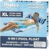 Aqua 4-in-1 Monterey Hammock XL (Longer/Wider) Inflatable Pool Chair, Adult Pool Float (Saddle, Lounge Chair, Hammock, Drifter), Water Hammock, Navy/White Stripe