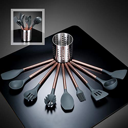Kitchen Utensil Set - 10 Piece Silicone Cooking Utensil Set - BPA Free & Non Toxic Nonstick Cookware Set with Rose Gold Stainless Steel Handle - Includes Utensil Holder,Turners,Tongs,Spatula & Spoons - Thumbnail 5