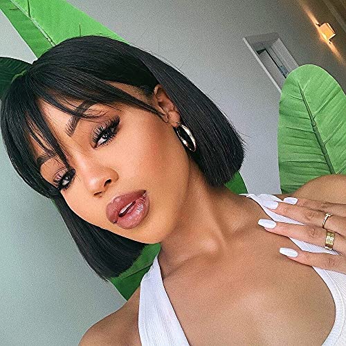 Short Bob Wigs with Bangs Brazilian 8inch Straight Bob None Lace Front Wigs for Black Women Full Machine Made Wigs Natural Color