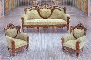 W.S.HANDICRAFTS Wooden Teak Wood Sofa Set with Cushion for Living Room, Natural Brown Finish(3+1+1), Fabric 3 + 1 + 1 Natural Finish Sofa Set | Size - 71 X 25 X 46 inches