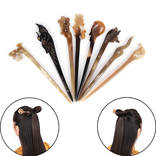 Ioffersuper 8 Pcs Different Pattern Classic Hand Polished Horn Original/Retro Stick Hair Pin For Women Lady,Pattern Random