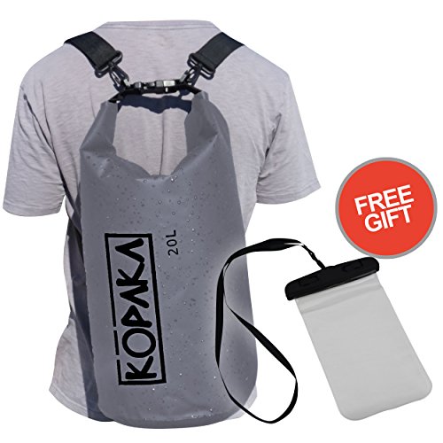 Waterproof Dry Bag Backpack (20L) by Kopaka - Lightweight Sports, Adventure Travel Bag with 2 Shoulder Straps (Grey)