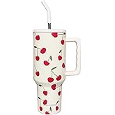 MugFresh Cherry Tumbler 40 oz with Handle and Straw, Cherry Themd Gifts for Women Cup Holder Friendly Insulated Travel Mug Stainless Steel Water Bottle