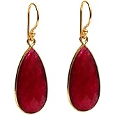 Gempires Genuine Gemstone Faceted Long Pear Gemstone Drop Dangle Hook Earrings, Statement Jewelry For Her, 1.5 inch Drop 14K Gold Plated, Gift For Woman