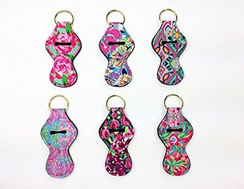 NEOPRENE FLOATING KEYCHAIN CHAPSTICK HOLDER WITH GOLD KEY RING, six bright prints, novelty keychain (Variety Pack) - PACK OF SIX (6)